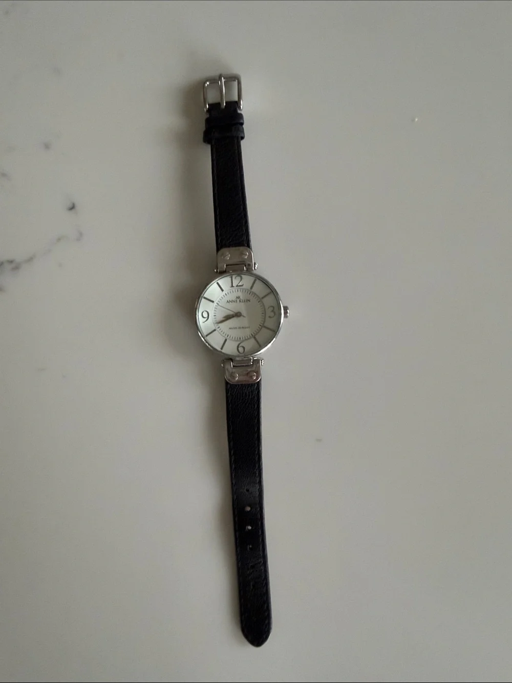 Anne Klein Black Leather Strap Silver-Tone Dial Watch